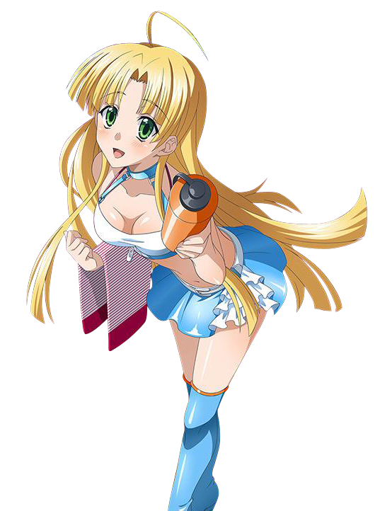 1girl :d ahoge asia_argento blonde_hair blue_legwear blue_skirt blush boots breasts cleavage collarbone crop_top eyebrows_visible_through_hair floating_hair green_eyes high_school_dxd holding leaning_forward long_hair medium_breasts midriff miniskirt open_mouth shiny shiny_skin skirt smile solo thigh-highs thigh_boots transparent_background very_long_hair
