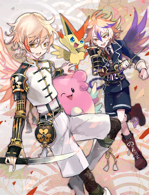 2boys armor blissey blonde_hair boots brown_eyes brown_hair cross-laced_footwear fang gotou_toushirou japanese_armor kantarou_(8kan) kote lace-up_boots legwear_under_shorts male_focus military military_uniform monoyoshi_sadamune multicolored_hair multiple_boys necktie one_eye_closed open_mouth pantyhose pokemon pokemon_(creature) shorts single_wing smile sode streaked_hair sword tantou touken_ranbu uniform victini wakizashi weapon wings yellow_eyes