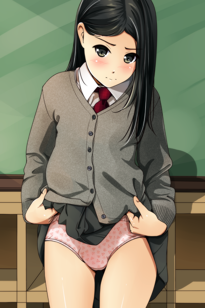 1girl bangs black_hair blush cardigan eyebrows_visible_through_hair highres lifted_by_self long_hair looking_at_viewer matsunaga_kouyou original parted_bangs school_uniform simple_background skirt skirt_lift solo