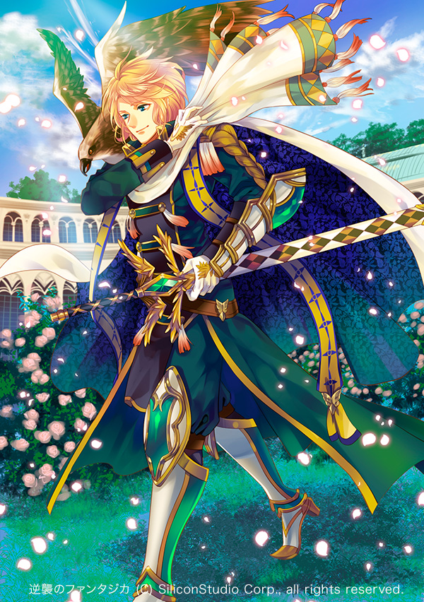 1boy bird blonde_hair blue_eyes boots cape company_name epaulettes feathered_wings flower full_body gloves gyakushuu_no_fantasica leaf male_focus official_art petals scarf sky solo sword weapon wings