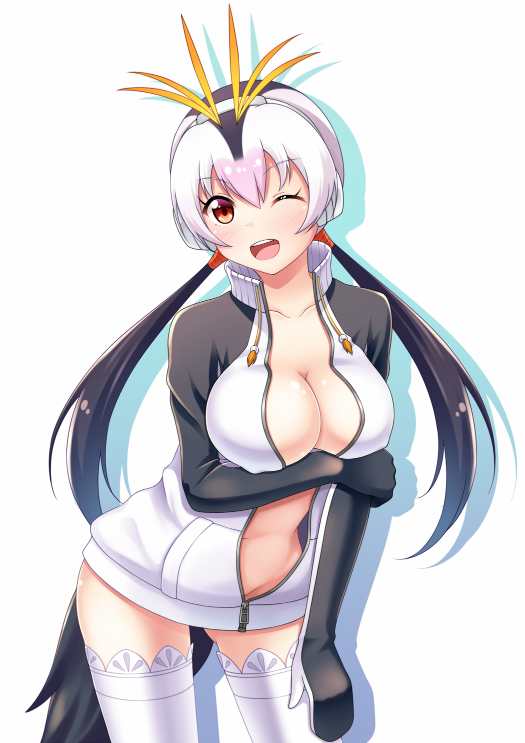 1girl 7nanappe bangs black_hair breasts brown_eyes collarbone cowboy_shot eyebrows_visible_through_hair hair_between_eyes headphones highres jacket kemono_friends large_breasts long_hair looking_at_viewer multicolored_hair no_bra no_panties one_eye_closed open_clothes open_mouth royal_penguin_(kemono_friends) simple_background smile solo standing sweater turtleneck turtleneck_sweater two-tone_hair white_background white_hair white_legwear