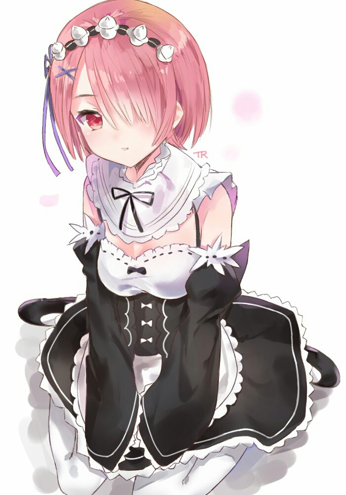 1girl apron artist_name bangs blue_ribbon breasts collar detached_collar detached_sleeves frilled_apron frilled_collar frilled_sleeves frills hair_ornament hair_over_one_eye hair_ribbon looking_at_viewer maid maid_headdress parted_lips pink_hair ram_(re:zero) re:zero_kara_hajimeru_isekai_seikatsu red_eyes ribbon short_hair signature sitting small_breasts smile solo tr_(kangtw123) waist_apron wariza white_legwear x_hair_ornament