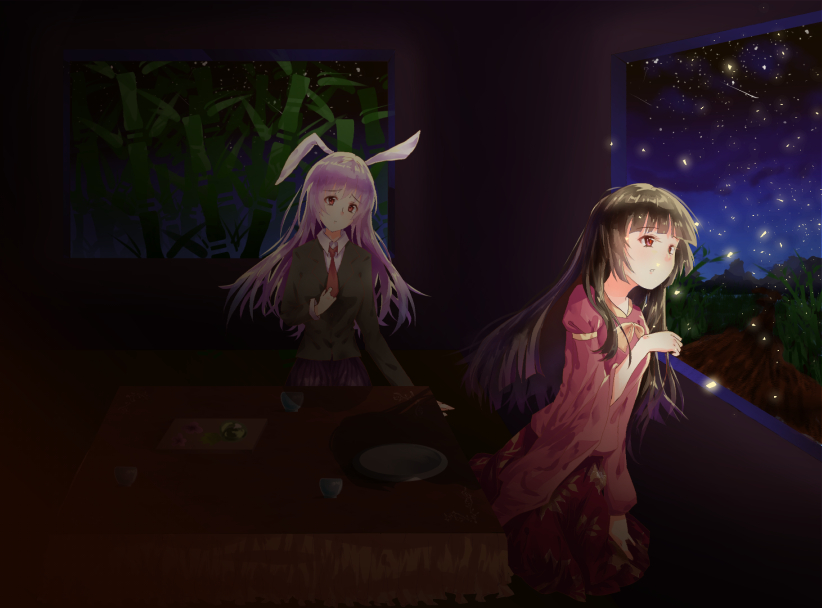 2girls animal_ears bamboo bamboo_forest bamboo_print black_hair blazer choko_(cup) cup forest hand_on_own_chest houraisan_kaguya indoors jacket lavender_hair light_particles long_hair long_sleeves looking_at_another looking_out_window looking_to_the_side looking_up moonlight multiple_girls nature necktie night pink_shirt plate rabbit_ears red_eyes red_necktie red_skirt reisen_udongein_inaba shirt shooting_star sitting skirt sky star_(sky) starry_sky table takigawa_rita touhou window