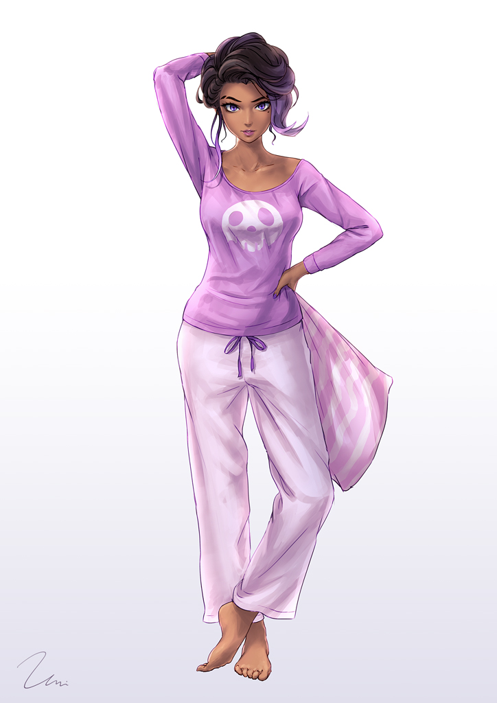 1girl alternate_hairstyle barefoot collarbone crossed_ankles dark_skin full_body gradient gradient_background hand_behind_head hand_on_hip long_hair looking_at_viewer messy_hair mole mole_under_eye multicolored_hair nail_polish overwatch pajamas pants parted_lips pillow pink_pants purple_hair purple_shirt shirt signature simple_background solo sombra_(overwatch) standing toes tsurime two-tone_hair umigraphics violet_eyes
