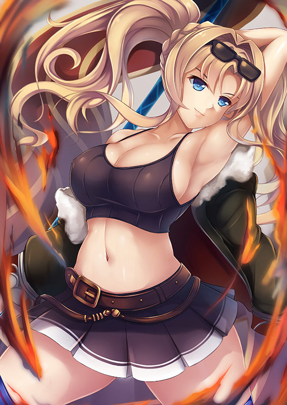 &gt;:) 1girl arm_up armpits bare_shoulders belt black_skirt blonde_hair blue_eyes breasts cleavage closed_mouth collarbone cowboy_shot euforia floating_hair granblue_fantasy hair_intakes halterneck holding holding_weapon jacket large_breasts long_hair navel off_shoulder open_clothes open_jacket polearm ponytail skirt solo spear sports_bra stomach sunglasses sunglasses_on_head weapon zeta_(granblue_fantasy)