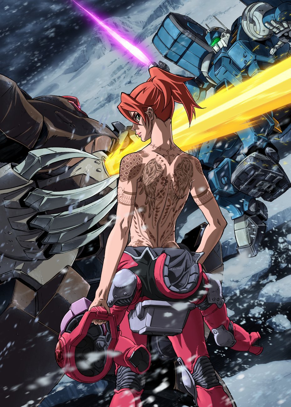 1girl arm_tattoo back back_tattoo bare_shoulders blue_eyes character_request closed_mouth cowboy_shot elbow_pads from_behind gundam gundam_thunderbolt headwear_removed helmet helmet_removed highres knee_pads legs_apart long_hair looking_at_viewer mecha no_shirt orange_hair pilot_suit pink_lips redhead short_ponytail shoulder_blades snow snowing solo tattoo wing_tattoo