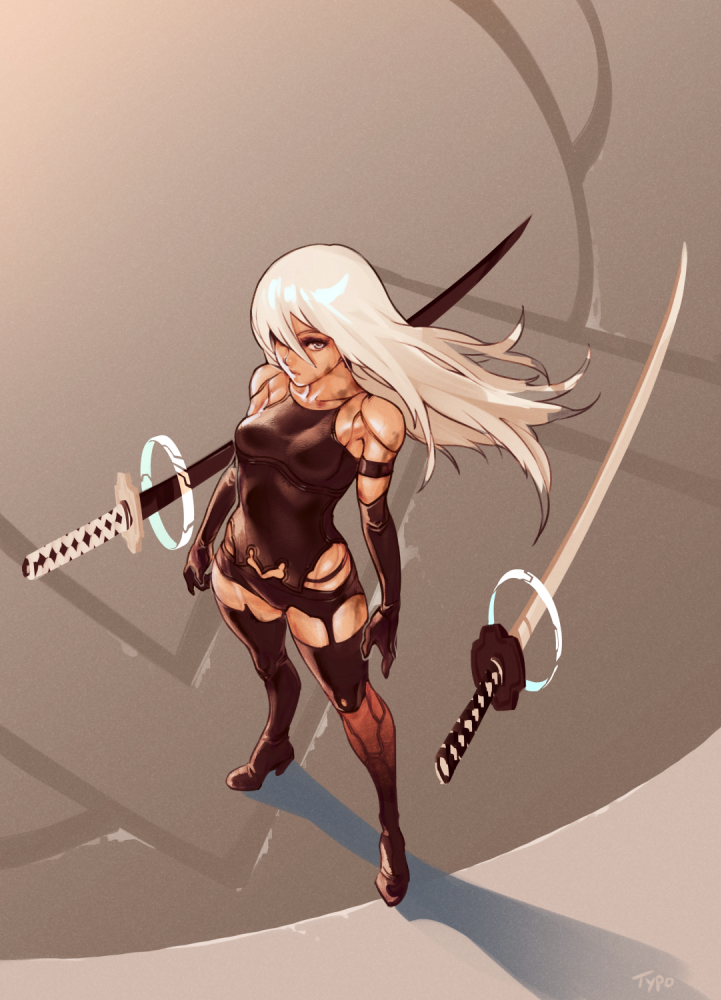 1girl android black_gloves brown_eyes collarbone elbow_gloves gloves long_hair looking_at_viewer nier_(series) nier_automata silver_hair solo sword thigh-highs typo_(requiemdusk) weapon yorha_type_a_no._2
