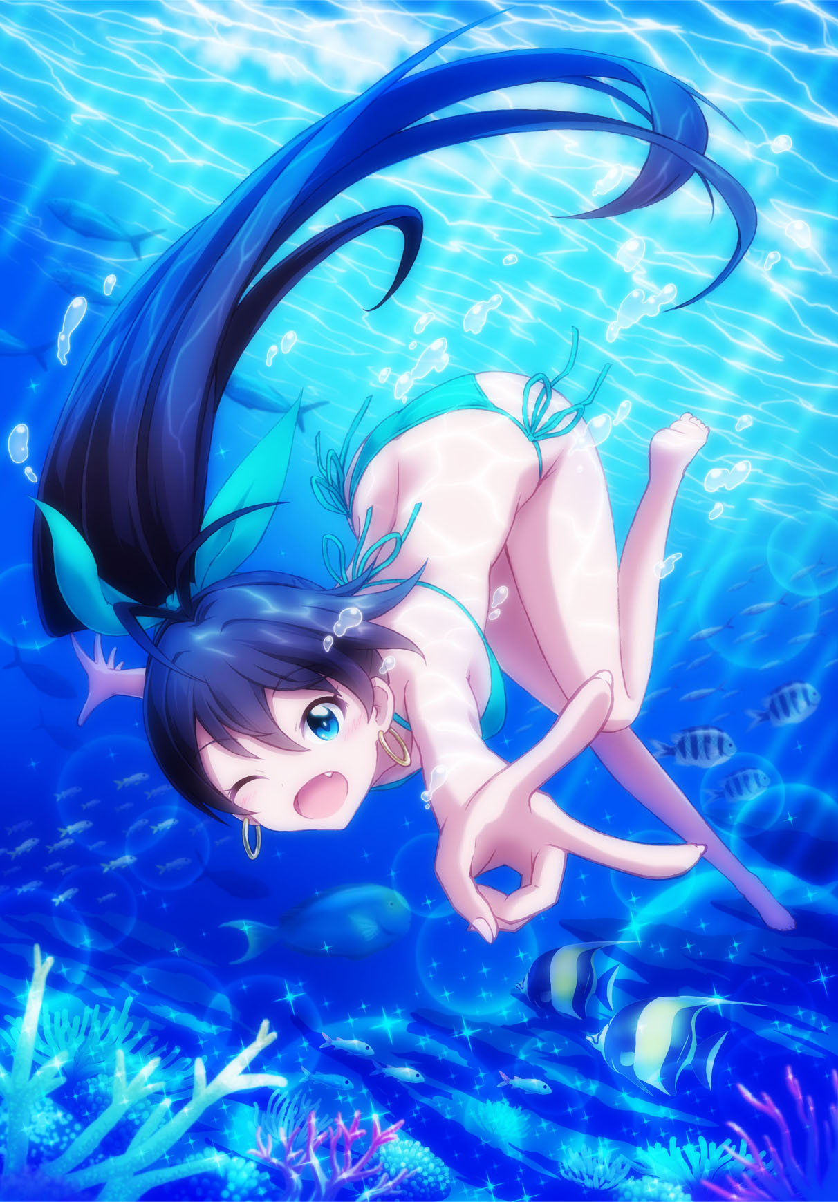 1girl air_bubble animal antenna_hair barefoot bikini black_hair blue_eyes breasts breath bubble coral diving earrings fang fish freediving ganaha_hibiki high_ponytail highres holding_breath idolmaster jewelry lens_flare long_hair medium_breasts ocean one_eye_closed open_mouth outsider_0 ponytail revision side-tie_bikini smile solo sparkle swimming swimsuit underwater v