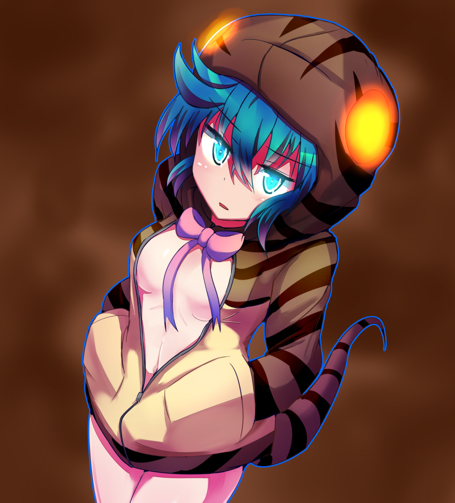 1girl animal_hood bangs blue_hair blush bow bowtie breasts breasts_apart commentary_request crossed_bangs dress eyebrows_visible_through_hair glowing glowing_eye green_eyes half-closed_eyes hands_in_pockets hood hood_up hoodie kemono_friends looking_at_viewer medium_breasts navel no_bra open_mouth pink_bow pink_bowtie solo standing stomach striped_hoodie striped_tail sweater sweater_dress tail tsuchinoko_(kemono_friends) unzipped