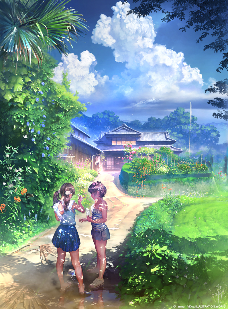 2girls aalge architecture brown_hair camisole clouds day dirt_road east_asian_architecture flower food grass ice_cream long_hair multiple_girls original revision rural sandals scenery shoes short_hair shorts skirt sky spider_lily summer twintails