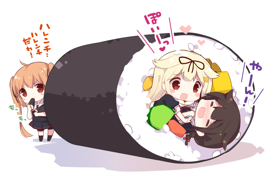 3girls =_= black_hair black_legwear black_ribbon blonde_hair blush_stickers braid brown_hair chibi commentary eating ehoumaki food hair_ornament hair_ribbon hairclip kantai_collection kneehighs long_hair makizushi multiple_girls murasame_(kantai_collection) pleated_skirt red_eyes remodel_(kantai_collection) ribbon rice school_uniform serafuku shadow shigure_(kantai_collection) short_sleeves simple_background single_braid skirt smile sushi translated twintails watanohara wavy_mouth white_background yuudachi_(kantai_collection)