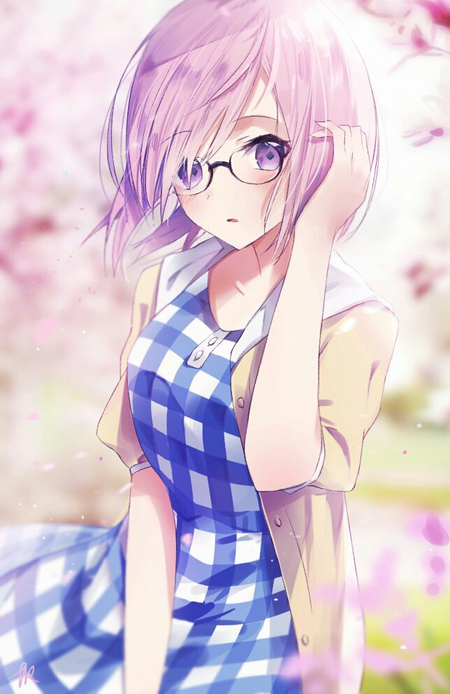 1girl alternate_costume bangs black-framed_eyewear blue_dress blurry blush cardigan casual cherry_blossoms day depth_of_field dress eyebrows_visible_through_hair fate_(series) floating_hair glasses hair_over_one_eye hand_in_hair hand_up lavender_hair looking_at_viewer open_cardigan open_clothes outdoors parted_lips pink_hair plaid plaid_dress semi-rimless_glasses shielder_(fate/grand_order) short_hair solo tr_(kangtw123) under-rim_glasses violet_eyes wind