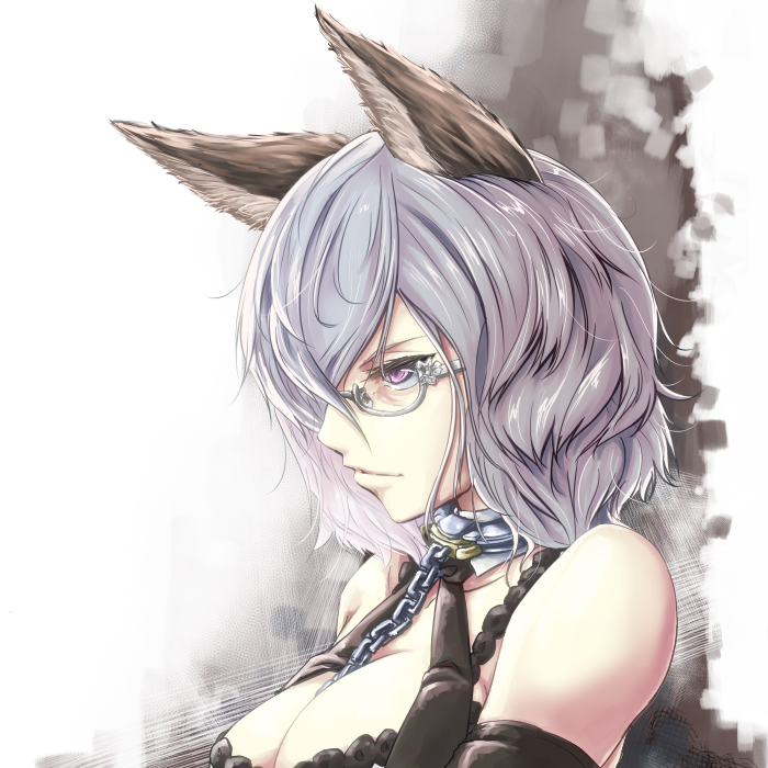 1girl animal_ears bare_shoulders breasts cleavage detached_sleeves erun_(granblue_fantasy) freesia_von_bismarck from_side glasses granblue_fantasy grey_hair hair_over_one_eye large_breasts lips looking_away semi-rimless_glasses short_hair thana violet_eyes wavy_hair