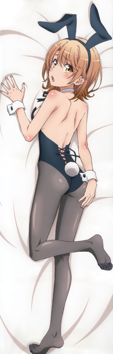 1girl animal_ears ass bare_back black_hairband black_legwear black_leotard breasts bunny_tail bunnysuit dakimakura eyebrows_visible_through_hair fake_animal_ears feet from_above hairband highres image_sample isshiki_iroha leotard looking_at_viewer looking_back lying no_shoes one_leg_raised open_mouth pantyhose rabbit_ears scan shiny shiny_clothes shiny_skin simple_background small_breasts soles solo strapless strapless_leotard tail toes wrist_cuffs yahari_ore_no_seishun_lovecome_wa_machigatteiru. yandere_sample yellow_eyes