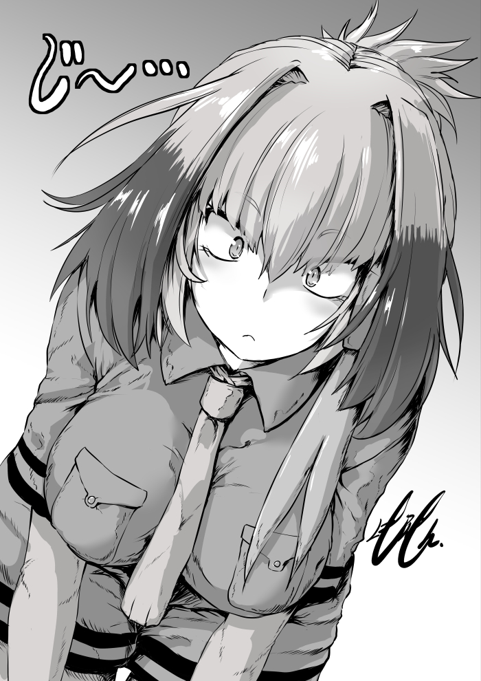 1girl :&lt; breast_squeeze breasts eyebrows_visible_through_hair greyscale hair_intakes hanging_breasts kemono_friends leaning_forward looking_at_viewer monochrome necktie nokishita_kumoemon personification pocket shoebill_(kemono_friends) shorts solo staring
