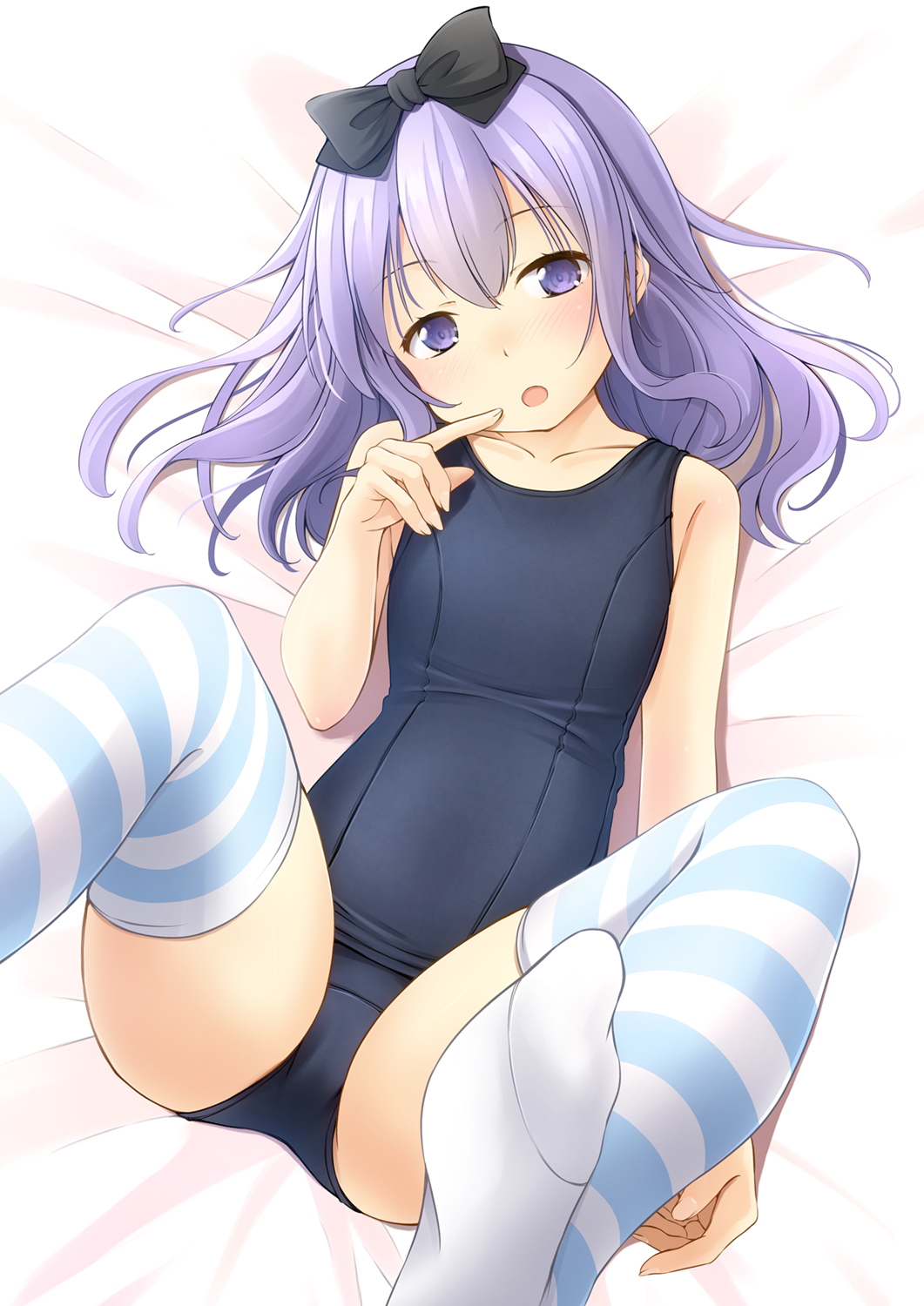 1girl blue_swimsuit commentary_request cowboy_shot highres long_hair looking_at_viewer lying medium_hair old_school_swimsuit original purple_hair ribbon school_swimsuit shibacha solo striped striped_legwear swimsuit thigh-highs translation_request violet_eyes