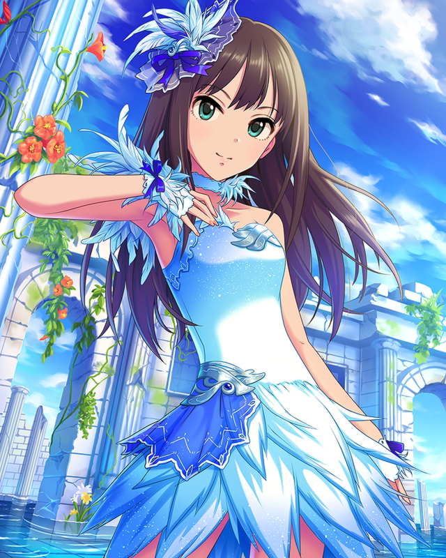 1girl architecture blue_dress brown_hair clouds cloudy_sky collarbone dress eyebrows_visible_through_hair feathers flower gloves green_eyes hair_ornament idolmaster idolmaster_cinderella_girls ivy_(plant) long_hair looking_at_viewer official_art shibuya_rin sky solo