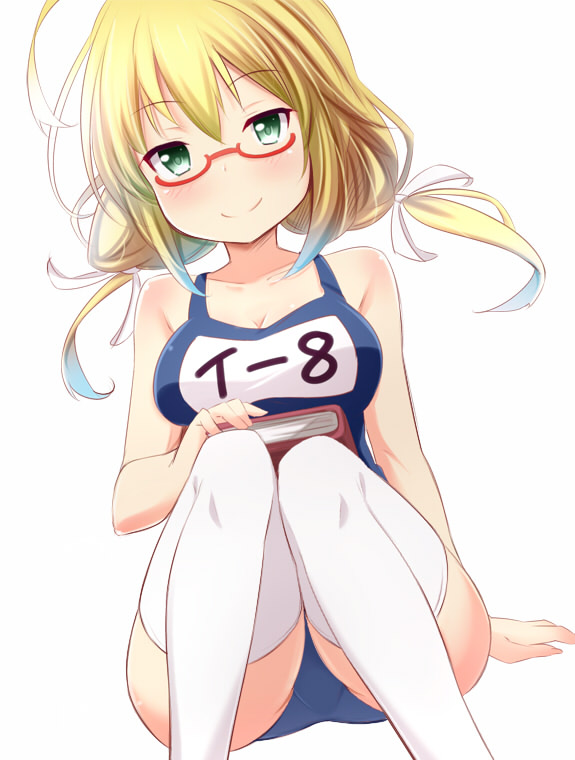 1girl blonde_hair blue_eyes book glasses i-8_(kantai_collection) kantai_collection low_twintails name_tag one-piece_swimsuit red-framed_eyewear school_swimsuit semi-rimless_glasses sitting solo swimsuit thigh-highs twintails under-rim_glasses white_legwear