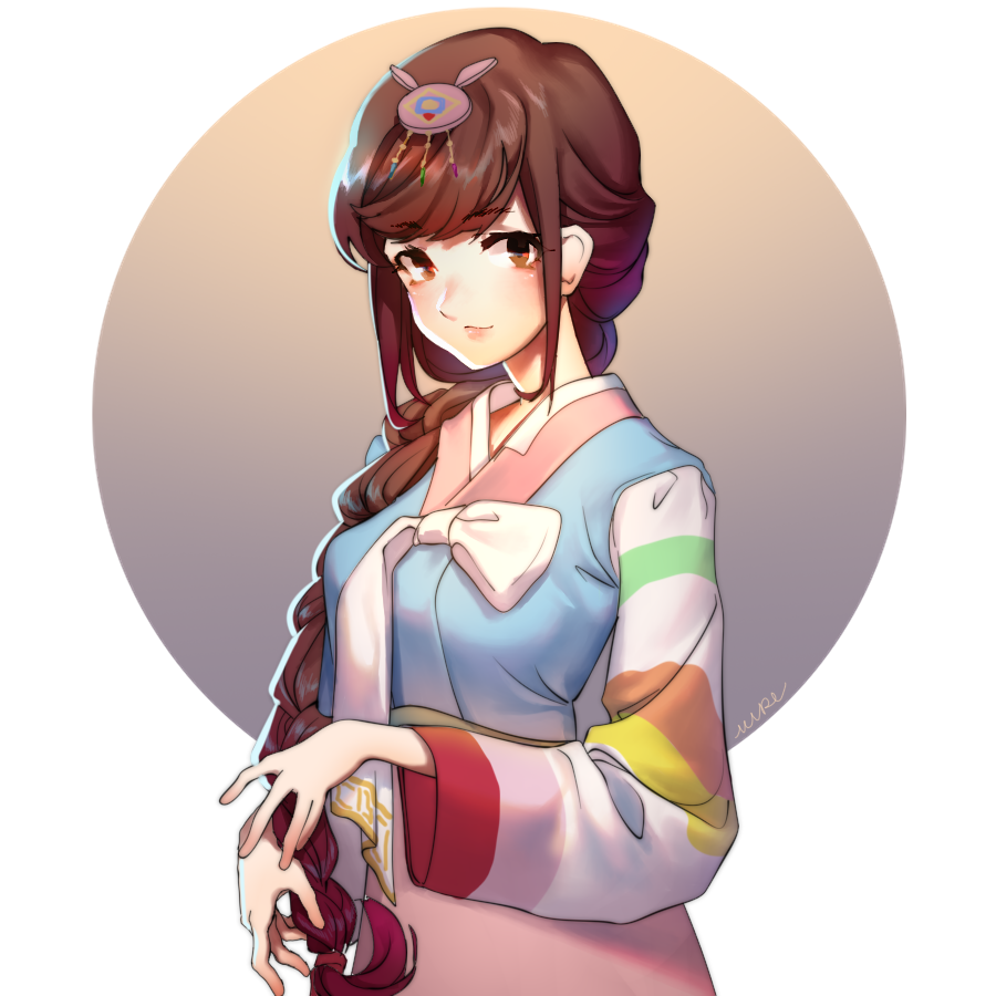 1girl alternate_costume alternate_hairstyle artist_name bangs bow braid brown_hair bunny_hair_ornament closed_eyes d.va_(overwatch) eyelashes facepaint facial_mark fingernails full_body grin hair_bow hair_ornament hair_ribbon hanbok korean_clothes lips long_fingernails long_hair long_sleeves multicolored multicolored_stripes mvrl nail_polish overwatch palanquin_d.va pink_bow pink_lips pink_nails pink_skirt ribbon shoes single_braid skirt smile socks solo standing standing_on_one_leg striped striped_sleeves tassel teeth whisker_markings