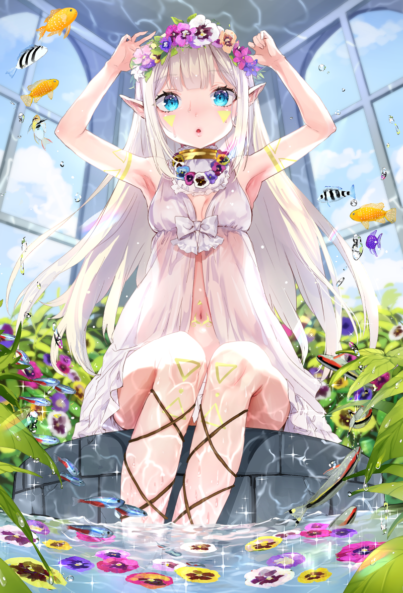 1girl :o armlet armpits arms_up babydoll bangs blue_eyes blue_sky blunt_bangs breasts clouds cloudy_sky day elf eyebrows_visible_through_hair facepaint fish flower flower_necklace hoyashi_rebirth indoors jewelry legs_together long_hair looking_at_viewer necklace original parted_lips plant pointy_ears pond sitting sky small_breasts soaking_feet solo tropical_fish white_hair window