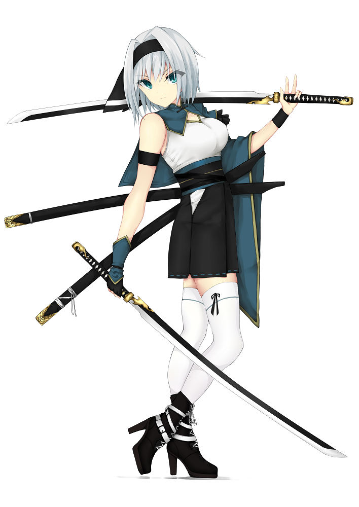 1girl alternate_costume aqua_eyes arm_strap asymmetrical_clothes bare_shoulders black_footwear black_gloves black_hairband boots breast_hold breasts closed_mouth dual_wielding from_side full_body gloves green_capelet hairband high_heel_boots high_heels konpaku_youmu long_sleeves looking_at_viewer looking_to_the_side medium_breasts short_hair silver_hair simple_background single_glove single_sleeve smile solo standing suiu_shinotsuku thigh-highs touhou unsheathed v v-shaped_eyebrows white_background white_legwear wide_sleeves wristband zettai_ryouiki