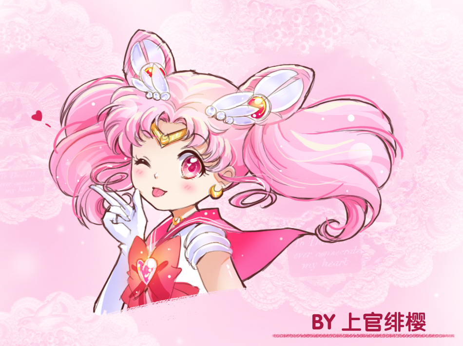 1girl ;p artist_name bishoujo_senshi_sailor_moon blush bow brooch chibi_usa crescent crescent_earrings double_bun earrings gloves hair_ornament hairpin jewelry magical_girl one_eye_closed pink pink_background pink_hair red_bow sailor_chibi_moon sailor_collar shangguan_feiying short_hair solo tiara tongue tongue_out twintails upper_body white_gloves