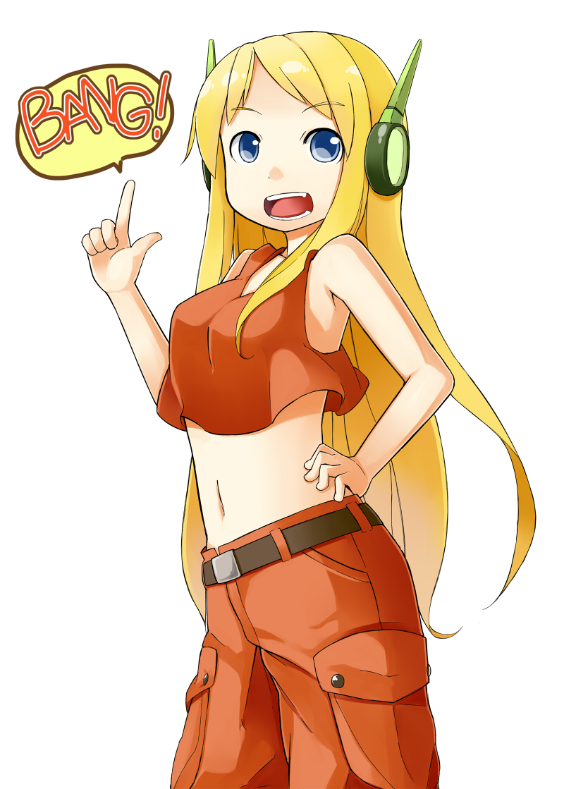 1girl blonde_hair blue_eyes breasts crop_top curly_brace doukutsu_monogatari finger_gun hand_on_hip long_hair midriff nakashino_setsu navel robot_ears solo