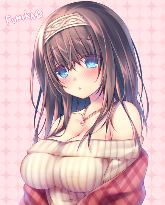 1girl bare_shoulders blue_eyes blush breasts brown_hair character_name cleavage collarbone hairband idolmaster jewelry long_hair necklace off-shoulder_sweater parted_lips pendant ribbed_sweater sagisawa_fumika shawl solo sorai_shin'ya sweater upper_body