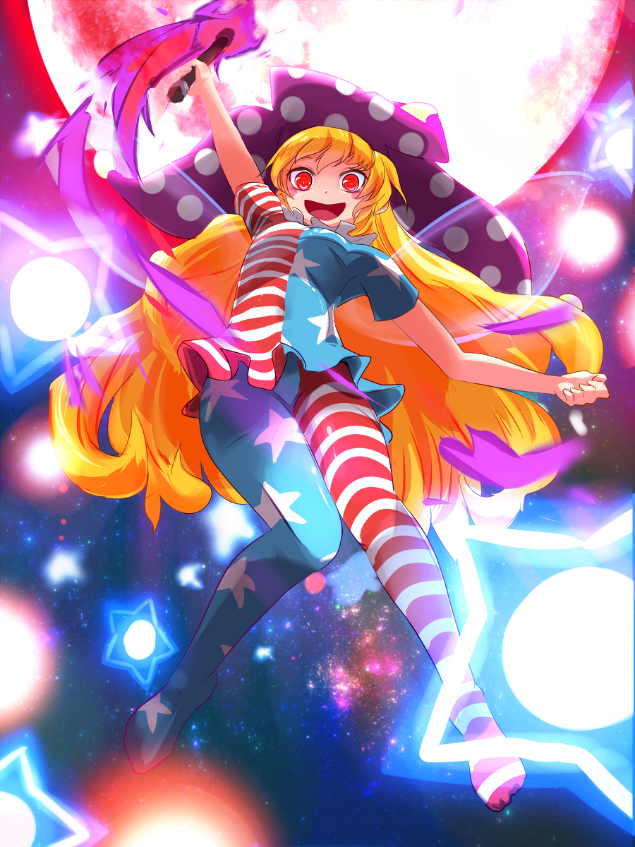 1girl american_flag_dress american_flag_legwear arm_up big_hair big_hat blonde_hair breasts clownpiece commentary_request danmaku full_body hat highres jester_cap long_hair looking_at_viewer looking_down moon nama_shirasu open_mouth pantyhose red_eyes red_moon revision short_sleeves small_breasts smile solo space spell_card thighs toes torch touhou very_long_hair wings