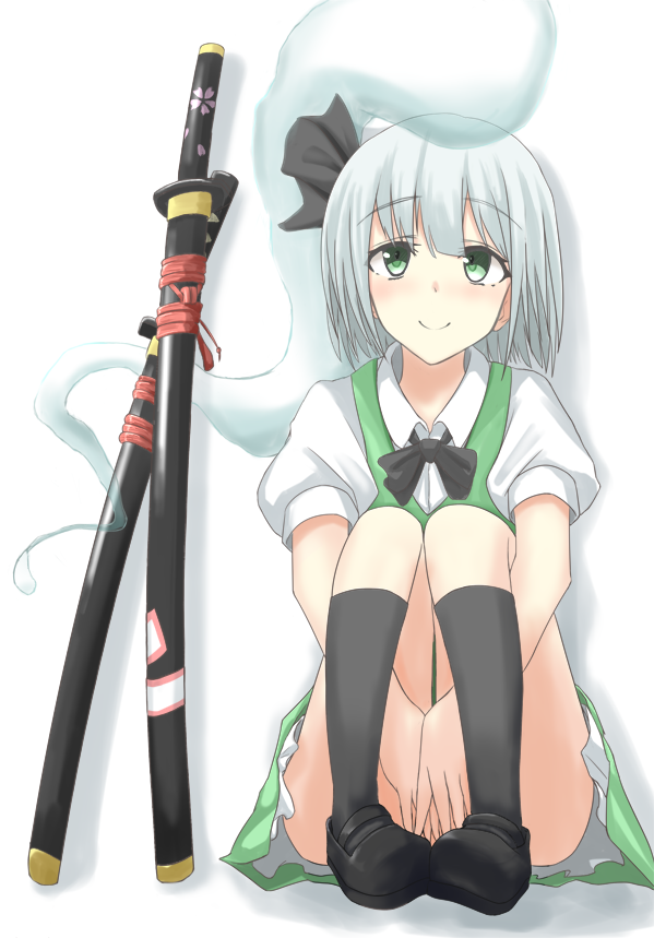 1girl black_bow black_bowtie black_legwear black_ribbon black_shoes bow bowtie collared_shirt commentary_request eyebrows_visible_through_hair frilled_skirt frills green_eyes green_skirt green_vest hair_ribbon hands_under_legs katana konpaku_youmu konpaku_youmu_(ghost) loafers looking_at_viewer puffy_short_sleeves puffy_sleeves ribbon scabbard sheath sheathed shirt shoes short_hair short_sleeves silver_hair simple_background sitting skirt smile solo sword takemitsu-zamurai tareme touhou vest weapon white_background white_shirt