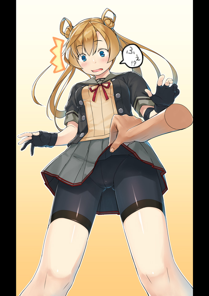 /\/\/\ 1girl abukuma_(kantai_collection) bangs bike_shorts blonde_hair blue_eyes boots buttons disembodied_limb double_bun fingerless_gloves from_below gahaku gloves hair_rings kantai_collection knee_boots long_hair looking_down partly_fingerless_gloves remodel_(kantai_collection) school_uniform serafuku shorts_under_skirt skirt skirt_lift solo surprised twintails