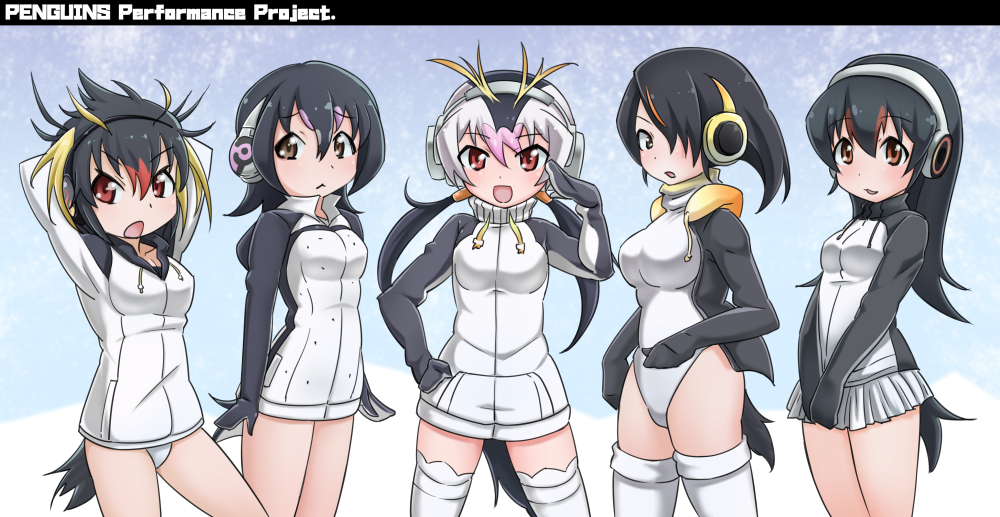 5girls black_hair breasts commentary_request emperor_penguin_(kemono_friends) gentoo_penguin_(kemono_friends) gloves hair_over_one_eye headphones hood humboldt_penguin_(kemono_friends) kemono_friends kurosawa_(kurosawakyo) leotard long_hair looking_at_viewer multicolored_hair multiple_girls open_mouth penguin_tail penguins_performance_project_(kemono_friends) red_eyes rockhopper_penguin_(kemono_friends) royal_penguin_(kemono_friends) short_hair skirt smile thigh-highs twintails