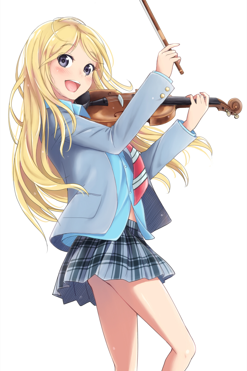 1girl :d blazer blonde_hair blue_eyes dress_shirt highres instrument jacket kimagure_blue miyazono_kawori necktie open_mouth plaid plaid_skirt revision school_uniform shigatsu_wa_kimi_no_uso shirt simple_background skirt smile solo violin white_background