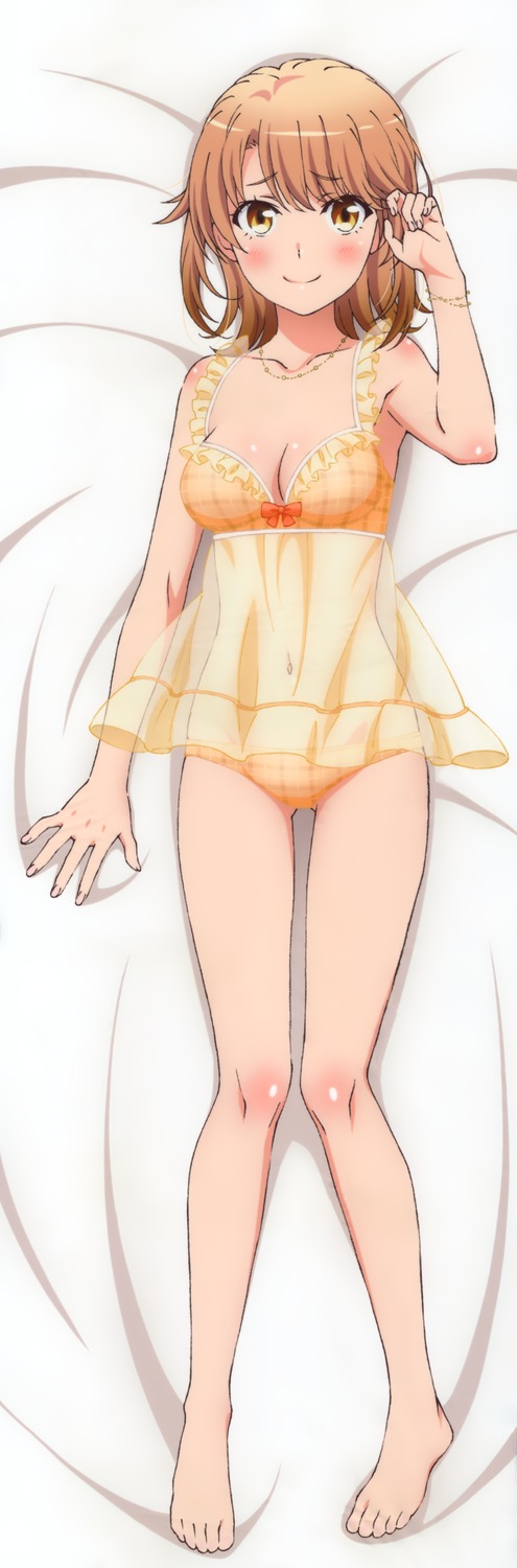 barefoot bed_sheet blush bra breasts brown_eyes brown_hair cleavage collarbone dakimakura feet from_above full_body highres image_sample isshiki_iroha jewelry looking_at_viewer lying medium_breasts navel necklace on_back orange_bra orange_patneis scan see-throug shiny shiny_skin short_hair smils toes underwear underwear_only yahari_ore_no_seishun_lovecome_wa_machigatteiru. yandere_sample