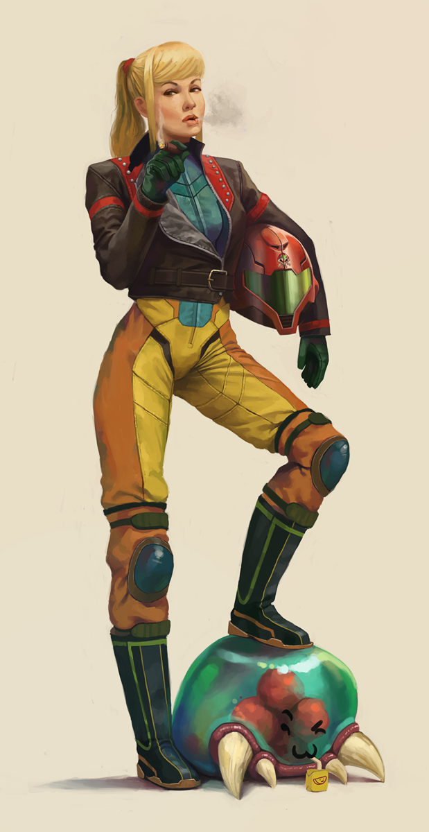 1girl ;3 agentscarlet alien armor blonde_hair bodysuit boots cigar fangs gloves helmet highres jacket juice_box knee_pads leather leather_jacket lips long_hair metroid metroid_(creature) multicolored multicolored_bodysuit multicolored_clothes orange_bodysuit ponytail realistic resized revision samus_aran science_fiction scrunchie smoke smoking solo_focus upscaled yellow_bodysuit