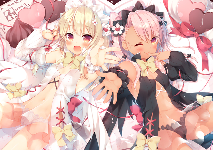 2girls ;p babydoll black_panties blonde_hair blush chloe_von_einzbern commentary_request dark_skin detached_sleeves fate/kaleid_liner_prisma_illya fate_(series) finger_to_mouth flower frilled_panties frills from_above hair_flower hair_ornament illyasviel_von_einzbern long_hair looking_at_viewer lying maid_headdress multiple_girls naughty_face navel on_back one_eye_closed open_mouth panties pink_hair red_eyes sazaki_ichiri scrunchie see-through smile tongue tongue_out underwear white_panties wrist_scrunchie yellow_eyes