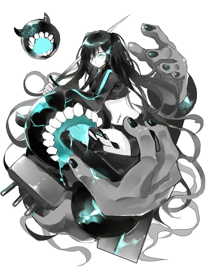 1girl alternate_costume black_hair black_rock_shooter black_rock_shooter_(character) blue_eyes bxr hair_over_one_eye horns kantai_collection long_hair looking_at_viewer midriff over_shoulder shinkaisei-kan sword sword_over_shoulder teeth tongue twintails weapon weapon_over_shoulder