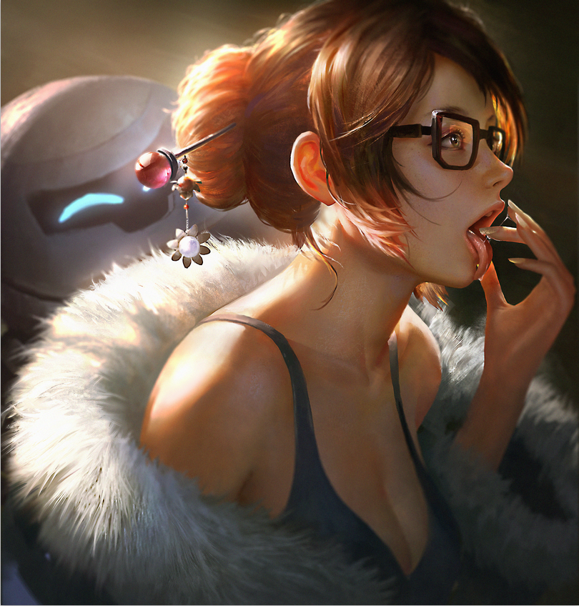 1girl bare_shoulders beads black-framed_eyewear breasts brown_eyes brown_hair cleavage coat collarbone eyeliner fingernails from_side fur-trimmed_jacket fur_coat fur_trim glasses hair_bun hair_ornament hair_stick hand_to_own_mouth hand_up jacket large_breasts lipstick long_fingernails makeup mei_(overwatch) nose off_shoulder open_clothes open_coat open_mouth overwatch parka pink_lips pink_lipstick realistic revision robot saliva saliva_trail short_hair sidelocks snowball_(overwatch) snowflake_hair_ornament solo tank_top teeth tongue tongue_out upper_body wang_chen winter_clothes winter_coat