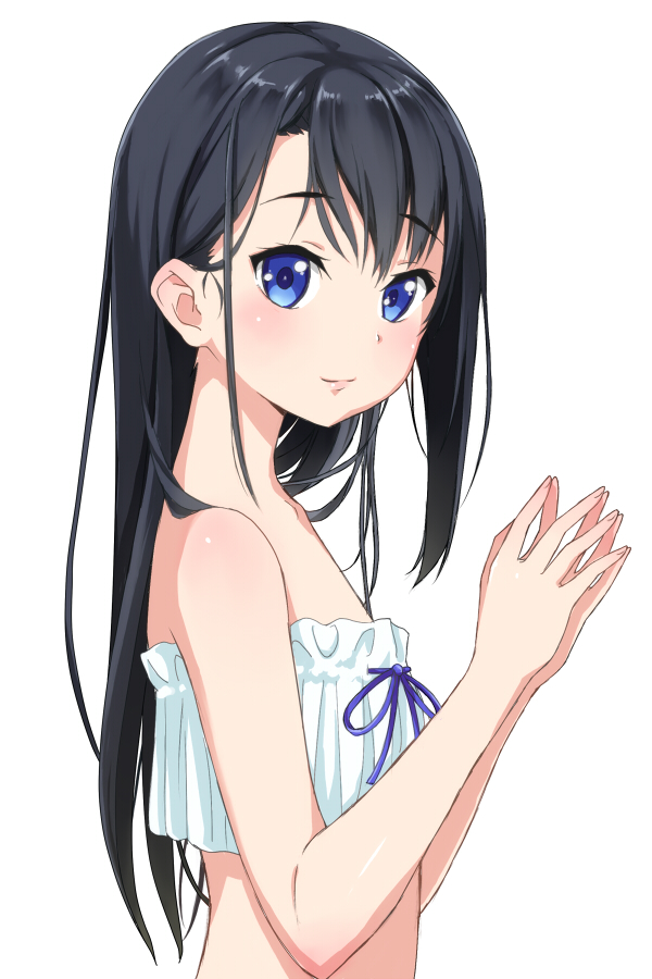 1girl bangs bare_arms bare_shoulders black_hair blue_eyes blue_ribbon blush breasts eyebrows_visible_through_hair from_side hands_together kimagure_blue lips long_hair looking_at_viewer looking_to_the_side original own_hands_together revision ribbon shiny shiny_skin simple_background small_breasts smile solo strapless tubetop underwear underwear_only upper_body white_background