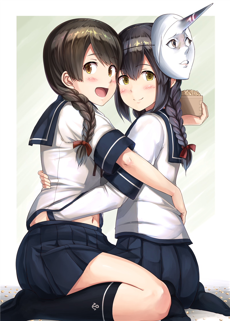 2girls black_hair black_legwear blue_skirt blush box braid brown_eyes brown_hair closed_mouth eyebrows_visible_through_hair grey_background hair_between_eyes holding holding_box hug ichikawa_feesu isonami_(kantai_collection) kantai_collection kneehighs long_hair looking_at_viewer mamemaki mask masu midriff_peek multiple_girls mutual_hug navel no_shoes open_mouth outside_border pleated_skirt school_uniform seaport_water_oni serafuku setsubun shiny shiny_hair skirt smile uranami_(kantai_collection) white_border