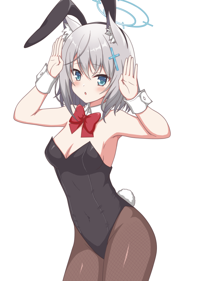 1girl animal_ear_fluff animal_ears black_legwear black_leotard blue_archive blue_eyes bow bowtie bunny_pose commentary_request cowboy_shot cross_hair_ornament detached_collar fake_animal_ears grey_hair hair_ornament halo leotard medium_hair mun_(gunma) pantyhose playboy_bunny rabbit_ears rabbit_tail shiroko_(blue_archive) simple_background solo standing strapless strapless_leotard tail white_background wrist_cuffs