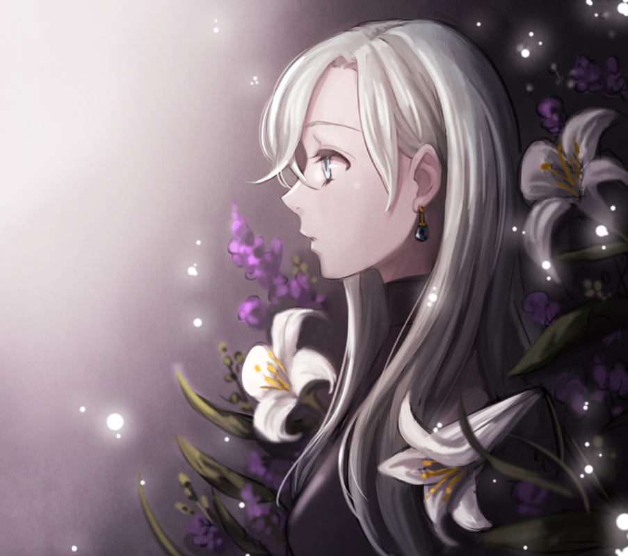 bangs black_bodysuit black_clothes blue_eyes bodysuit days_(milktea0778) earrings elizabeth_liones flower gradient gradient_background hair_over_one_eye jewelry lavender_(flower) lily_(flower) long_hair looking_to_the_side nanatsu_no_taizai parted_bangs parted_lips profile purple_flower silver_hair solo white_flower white_flowers