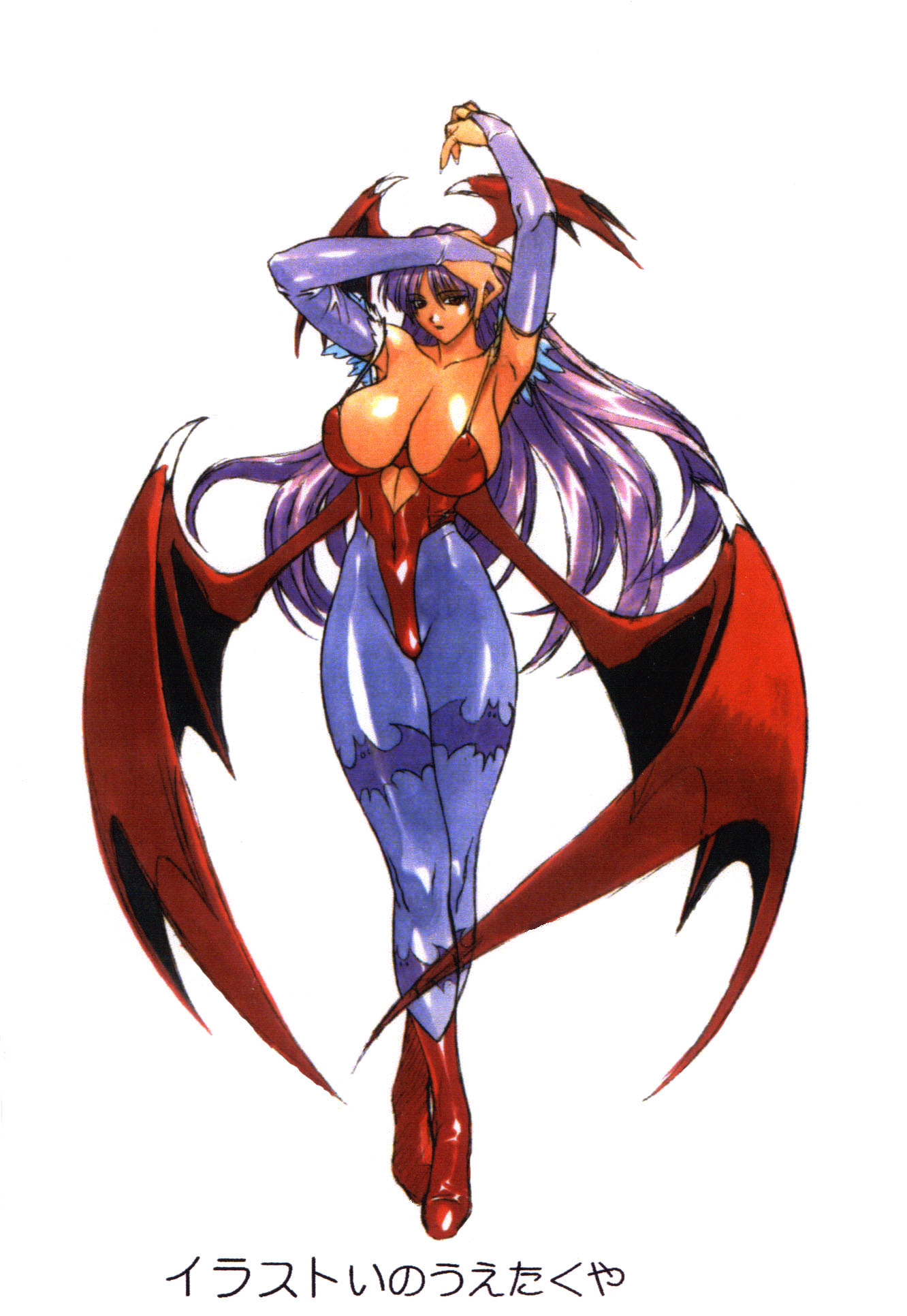 1girl animal_print arms_up bat_print bat_wings breasts bridal_gauntlets demon_girl erect_nipples full_body head_wings highres huge_breasts inoue_takuya leotard long_hair low_wings morrigan_aensland print_legwear purple_hair red_eyes scan simple_background solo succubus vampire_(game) white_background wings