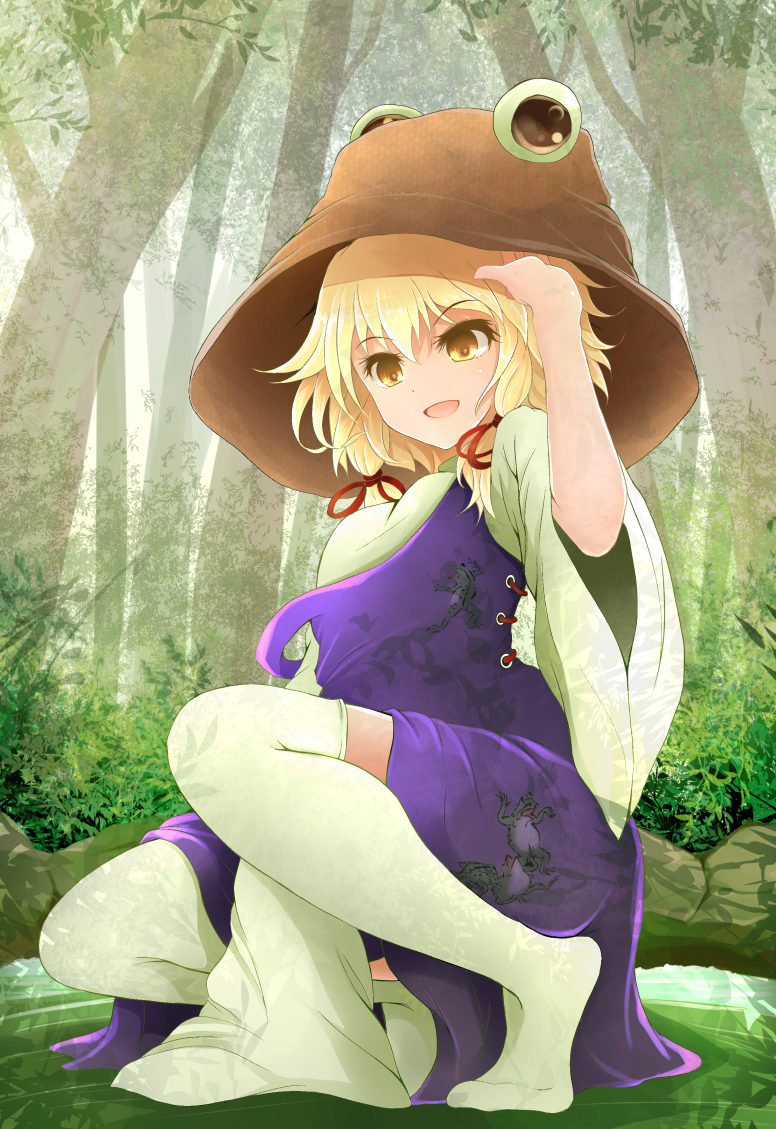 1girl :d adjusting_clothes adjusting_hat animal_print arano_oki bangs blonde_hair blue_dress day dress forest frog_print full_body hair_ribbon hat long_sleeves moriya_suwako nature open_mouth print_dress red_ribbon ribbon sidelocks smile solo squatting strap_slip thigh-highs torn_clothes torn_dress touhou tree tress_ribbon white_legwear wide_sleeves yellow_eyes