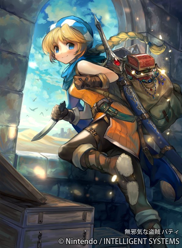 1girl bangs belt blonde_hair blue_eyes boots braid copyright_name dagger elbow_gloves eyebrows_visible_through_hair fire_emblem fire_emblem:_seisen_no_keifu fire_emblem_cipher gloves hat holding holding_weapon jewelry long_hair looking_at_viewer official_art open_mouth patty_(fire_emblem) scarf smile sword tied_hair weapon