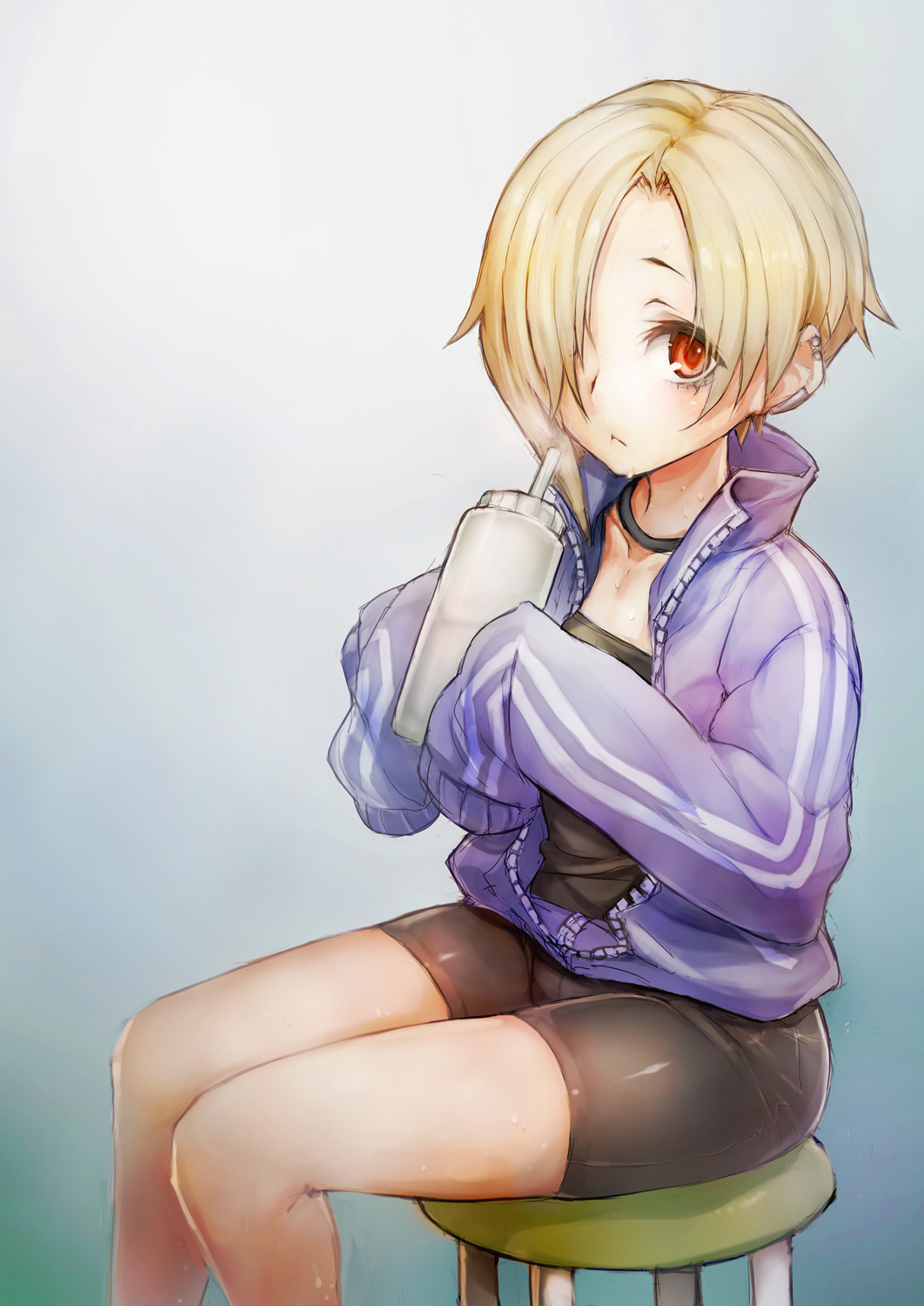 1girl bags_under_eyes bike_shorts blonde_hair blush bottle brown_eyes commentary_request ear_piercing hair_over_one_eye highres hood hoodie idolmaster idolmaster_cinderella_girls jacket jewelry looking_at_viewer open_clothes open_jacket piercing red_eyes revision shirasaka_koume short_hair sitting sleeves_past_wrists solo stool taishi_(picchiridou) track_jacket