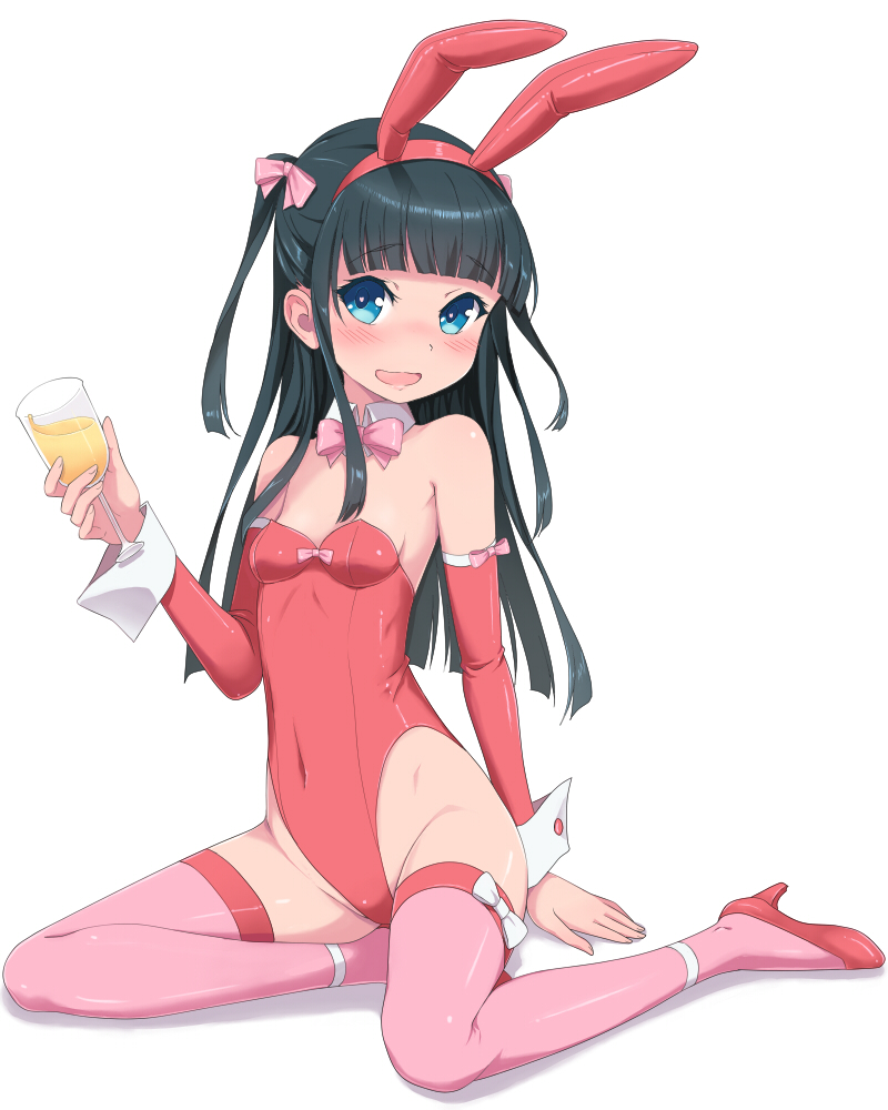 1girl animal_ears bangs black_hair blue_eyes blunt_bangs blush breasts bunny_girl bunnysuit cocktail_glass cup detached_sleeves drinking_glass eyebrows_visible_through_hair fake_animal_ears full_body hair_ribbon high_heels highleg holding holding_cup kimagure_blue leotard long_hair looking_at_viewer open_mouth original pink_legwear pink_ribbon rabbit_ears red_leotard red_shoes ribbon shadow shoes simple_background sitting small_breasts smile solo thigh-highs thighs two_side_up wavy_mouth white_background wrist_cuffs yokozuwari