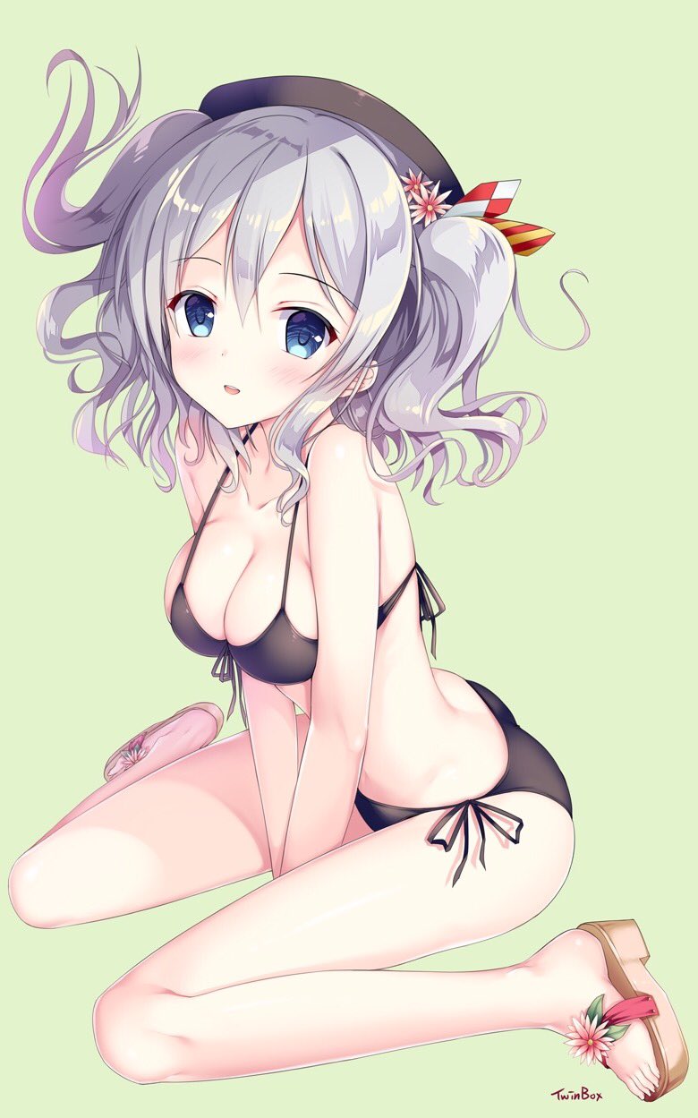 1girl artist_request bangs beret between_legs bikini black_bikini blue_eyes blush breasts cleavage collarbone commentary_request flower front-tie_top hair_flower hair_ornament hat highres kantai_collection kashima_(kantai_collection) large_breasts long_hair looking_at_viewer open_mouth sandals side-tie_bikini sidelocks silver_hair simple_background sitting smile solo sousouman swimsuit tsurime twintails v_arms wariza wavy_hair