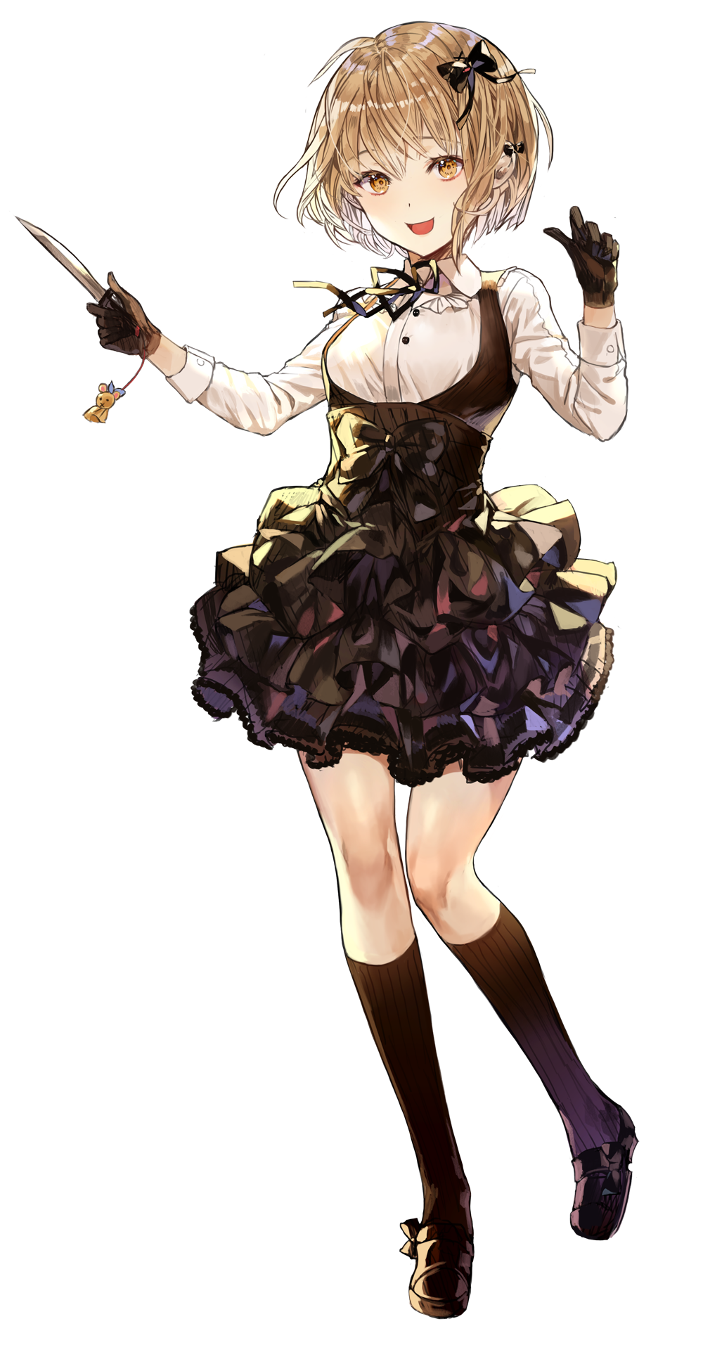 1girl bangs black_bow black_gloves black_legwear black_shoes black_skirt blonde_hair blush bow breasts brown_eyes corset eyebrows_visible_through_hair full_body gloves hair_bow hands_up high-waist_skirt highres holding holding_knife kim_eb kneehighs knife layered_skirt loafers looking_at_viewer medium_breasts open_mouth original ribbed_legwear shoes short_hair skirt smile solo standing transparent_background