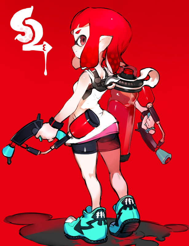 1girl back bangs bike_shorts blunt_bangs breasts domino_mask dual_wielding from_behind full_body ink_tank_(splatoon) inkling layered_clothing looking_at_viewer looking_back mask pointy_ears red_background red_eyes shoes simple_background small sneakers solo splat_dualies_(splatoon) splatoon splatoon_2 tank_top toridamono